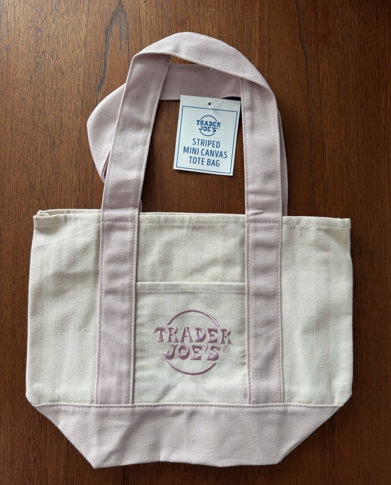 Trader Joe’s Striped Mini Canvas Tote Bag, Reusable Pink & Beige Stripe NWT