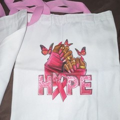 Reusable Tote Bag White/Pink 12x12x8 Graphic Print Breast Cancer Ribbon HOPE