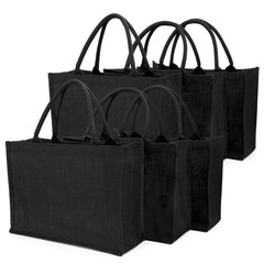 Tote Bags, 6 Pack Large Black Burlap Jute Reusable Canvas Gift Favors Bag wit…