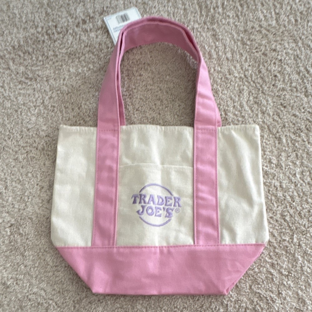 Trader Joe’s Mini Pastel Canvas Tote Bag Pink Beige Foldable Color Block New