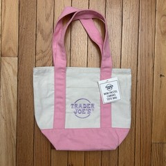 Trader Joe’s Pink And White Mini Tote Bag With Green Stitching