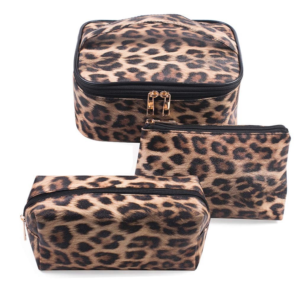 FITINI Leopard Makeup Bag 3 Pack Travel Toiletry Portable Brown Leopards