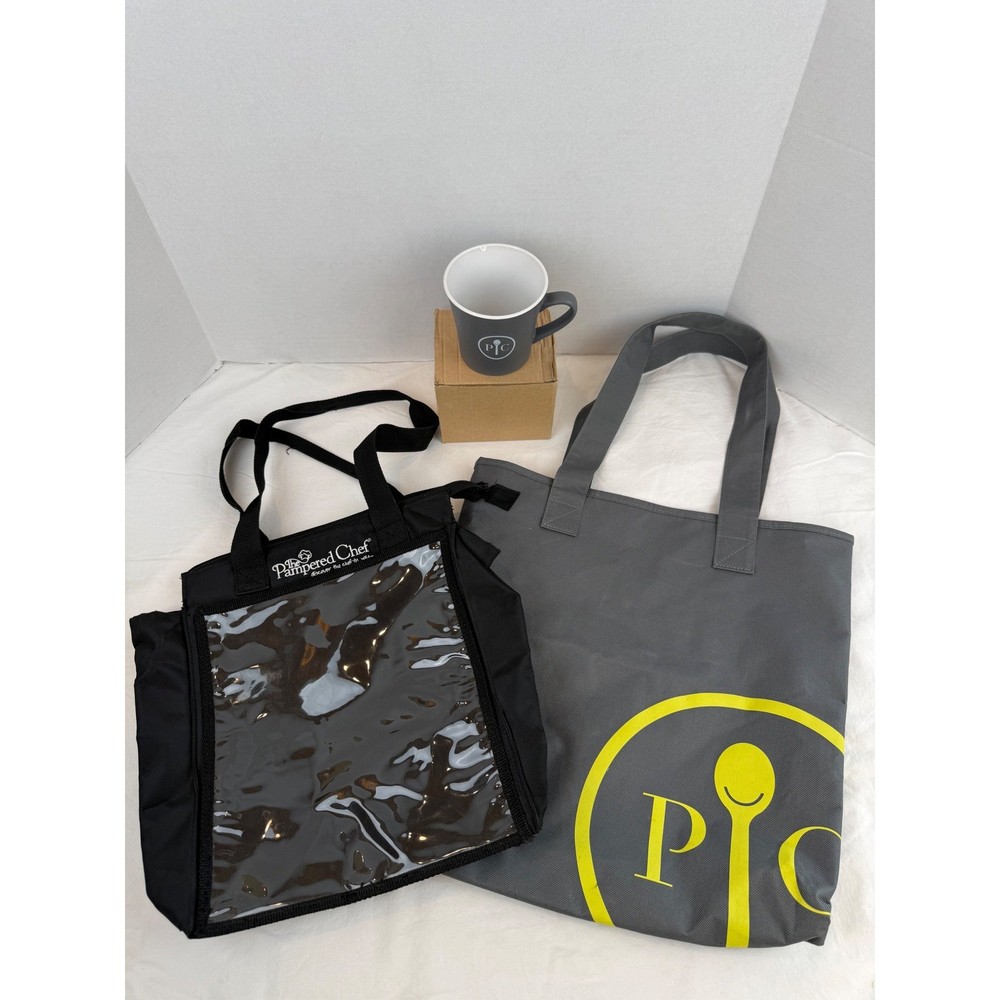 Pampered Chef Consultant Bundle Black Organizer Tote Grey Bag & Ceramic Mug Set