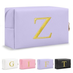 Personalized Gift Initial Makeup Bag,Preppy Gold Embroidered Letter Z, Purple