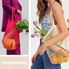 3 PCS Cotton Mesh Grocery Bags Reusable Net Tote Long Handle Washable Beige