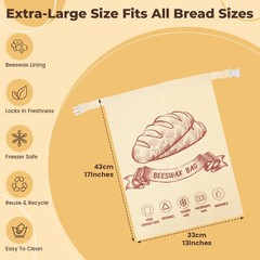 Beeswax Bread Bags for Homemade Bread, 2pcs Reusable Cotton 17”x13”, Beige