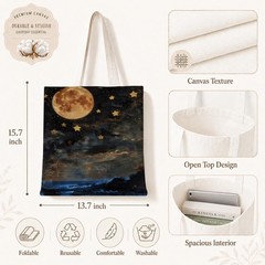Moon and Stars Canvas Tote Bag for Women, Reusable Grocery Shoulder Shopping …