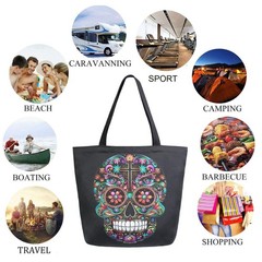 Chic Extra Large Shoulder Grocery Tote Bag, Colors Sugar Skull Day of Dead Bl…