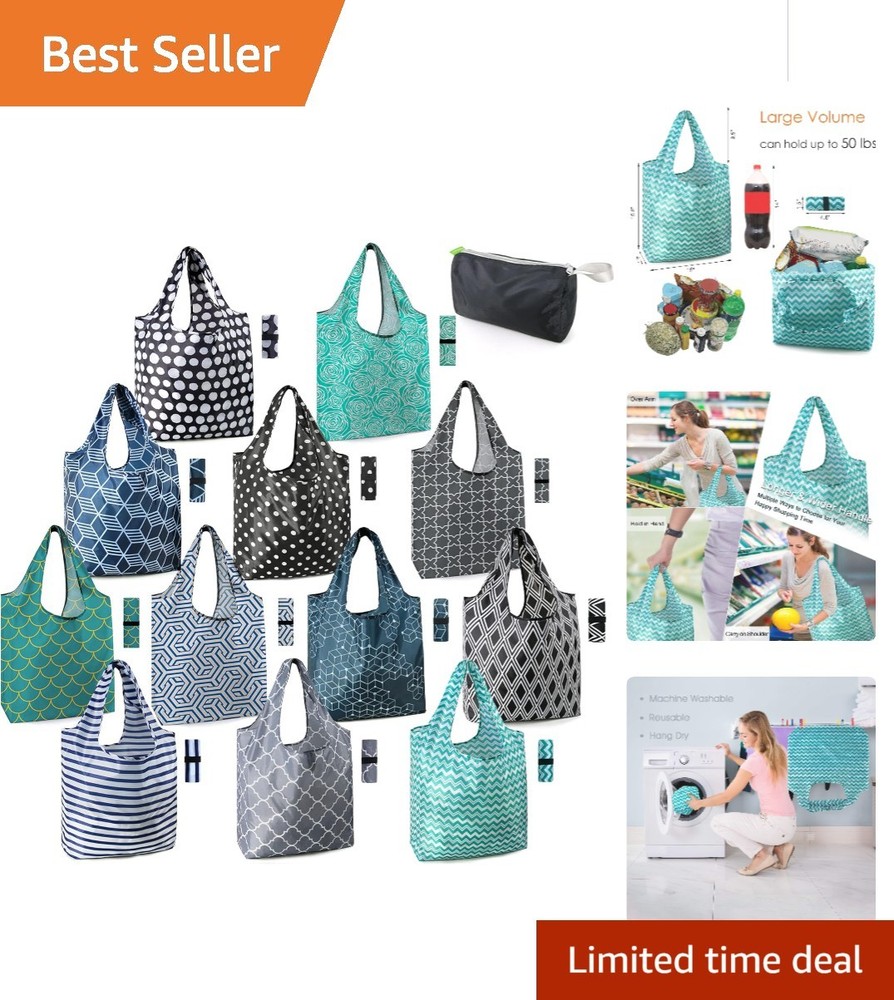 Stylish 12-Pack Foldable Grocery Bags – Large Capacity with Geometric Patterns
