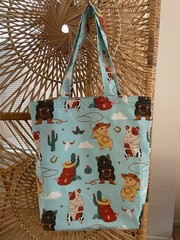 New Handmade small light canvas lined grocery bag/beach tote cowboy hamsters
