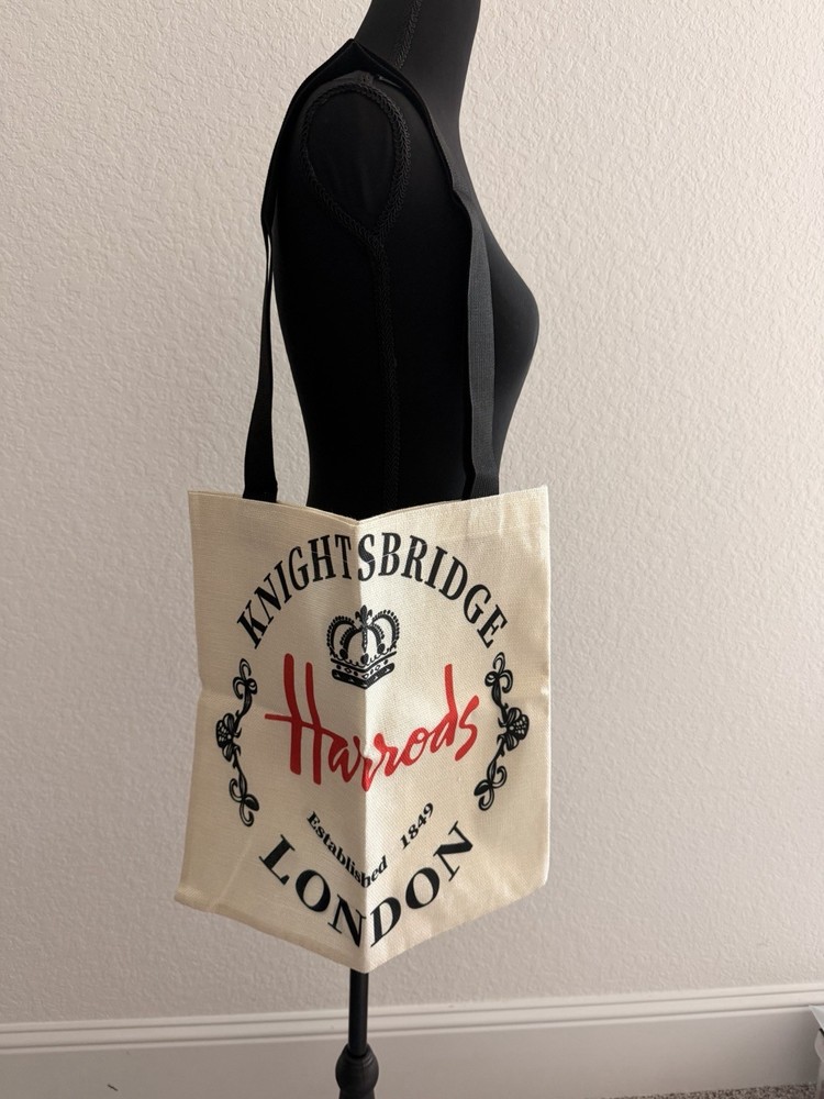 Harrods Canvas Foldable Reusable Shopping Bag Beige Black Red Medium