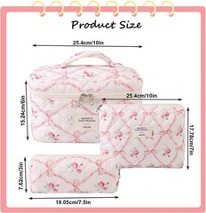 LAKSMI 3PCS Cotton Quilted Floral Makeup Bag Set for Women, Cute Make Up Pink