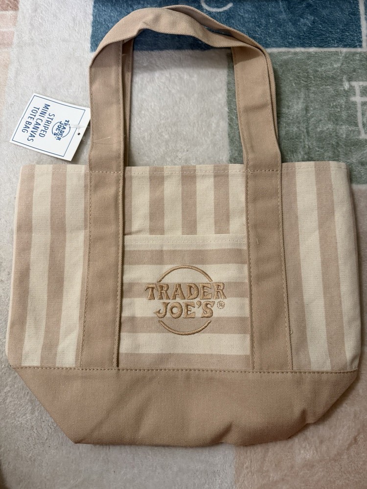 Trader Joe’s Striped Mini Canvas Tote Bag Reusable Shopping Tote, Green Beige