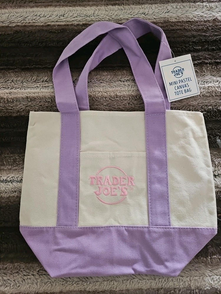 Trader Joe’s NEW 💜 RARE Embroidered PASTEL MINI CANVAS REUSABLE 1 TOTE BAG 💜