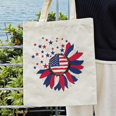 4th of July Canvas Tote Bag For Women Aesthetic Sunflower American Flag