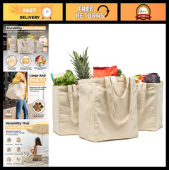 XL Canvas Grocery Tote Bag 3pc Set – Heavy Duty, Foldable, Washable, Pockets, Lo