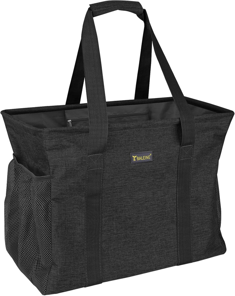 Extra Large Utility Tote Bag with Wire Frame for Storage- Black,16.5”X14”X10”