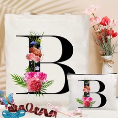 Initial Canvas Tote Bag Floral Letter Personalized Makeup Bag Monogrammed Gif…