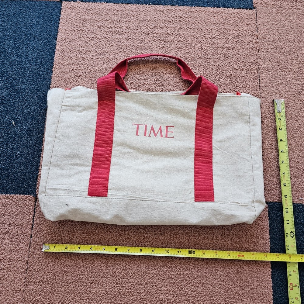 TIME Magazine Beach Lined Canvas Shoulder Tote Bag 16″x11″x7″ Y4a