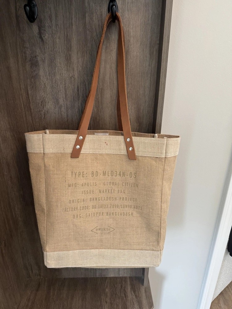 Jute Tote Bag Leather Handles Dana Point CA Coordinates Beach Market Tote