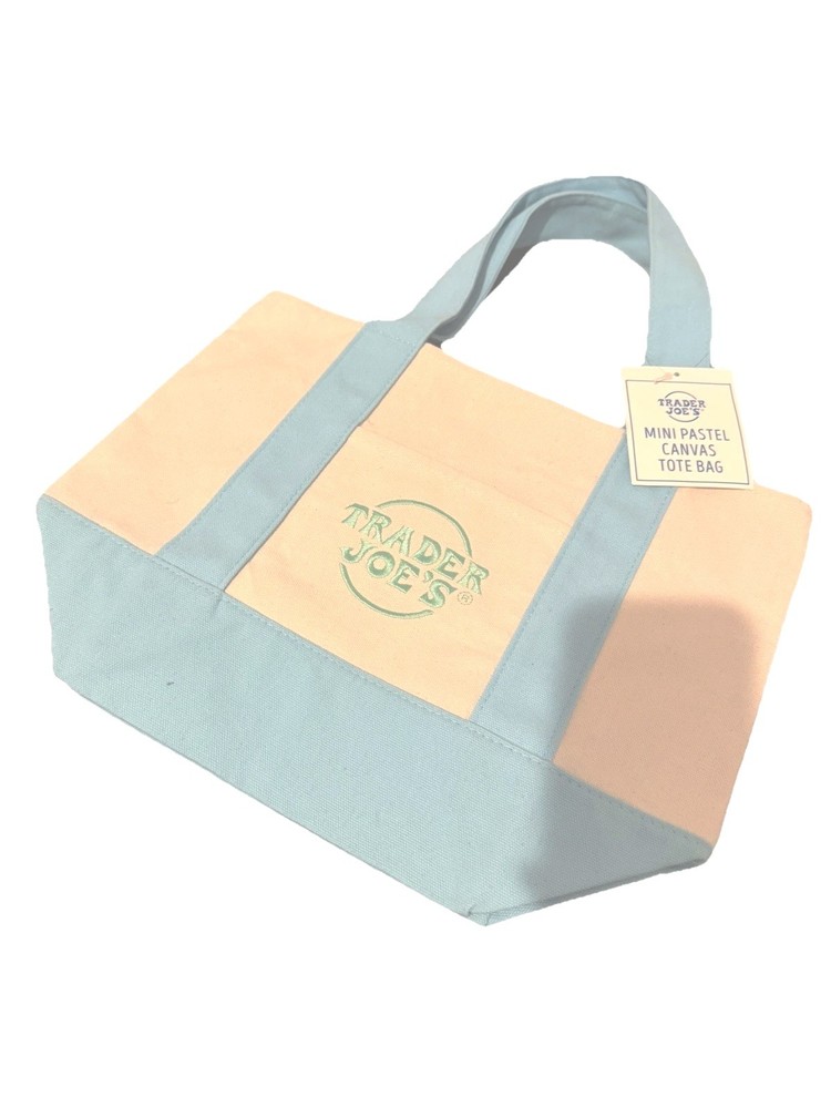 Trader Joe’s Canvas Mini Tote Bag Colorblock Blue Beige Reusable Eco Bag