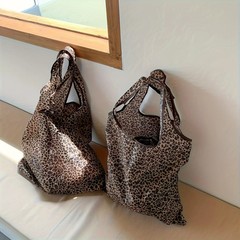 Leopard Print Foldable Tote Bag Lightweight Polyester Leak-Proof Reusable