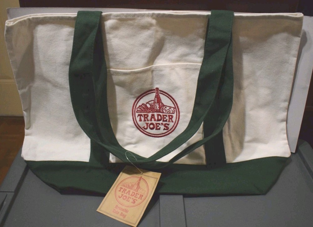 Trader Joe’s Canvas Tote Large 11″x 20″ Cream Green NWT
