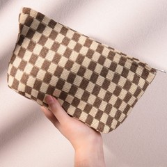 SOIDRAM 2 Pieces Makeup Bag Large Checkered Cosmetic Capacity Brown