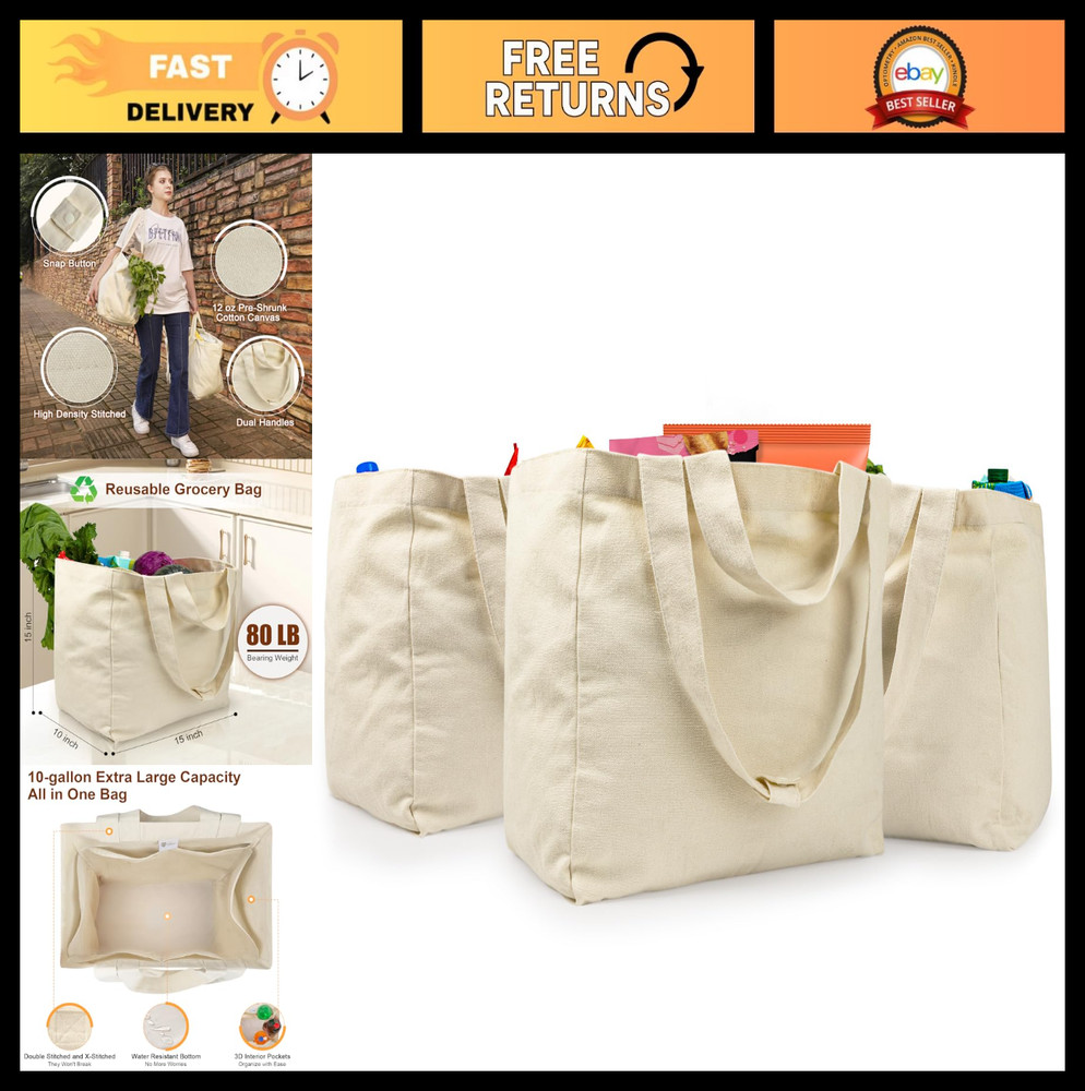 Large Reusable Canvas Grocery Bags (3pc XL) – Heavy Duty, Washable, Foldable, In