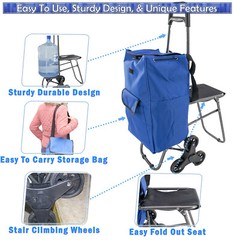 Foldable Stair Climbing Cart with Seat Tri Wheel Grocery Trolley Waterproof Bag