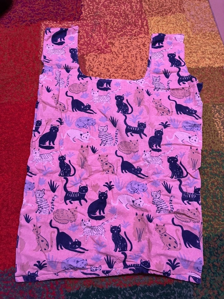 Pink Canvas Cat Print Bag Self Contained Laundry Shopping