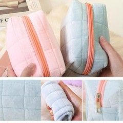 KuuGuu 3 PCS Checkered Cosmetic Bag Plush Makeup Large Pink, Blue, Yellow