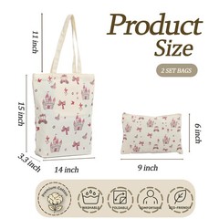 2 Pack Aesthetic Princess Castle Canvas Tote Bag with Zipper Makeup Bag, Reus…