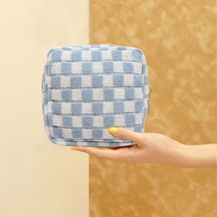 FFpaw 2 Pieces Makeup Bag Set, Small Blue Checkered Cosmetic Large+Mini