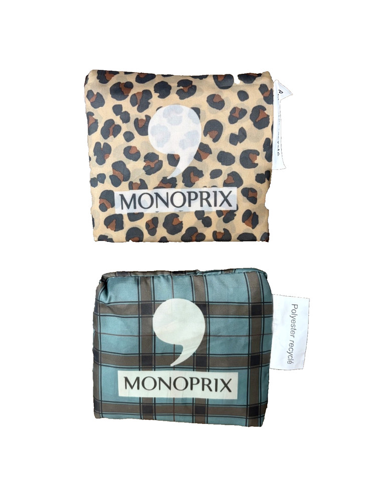 TWO Monoprix Bags, Leopard & Plaid, Reusable shopping Totes, From Paris