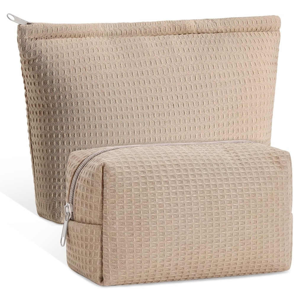 Gilprop 2 Pcs Waffle Makeup Bag Khaki Travel Cosmetic Plaid