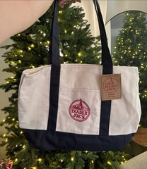 Trader Joe’s Reusable Tote Shopping Bag Beige/Black with Red Logo, Black Straps