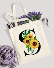Canvas Tote Bag Aesthetic for Women, Cute Sunflower Initial Trendy Monogram P…