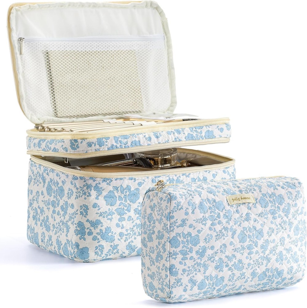 HBselect 2Pcs Travel Makeup Bag, Large Cotton Quilted Bag 2PCS-FLOWER1