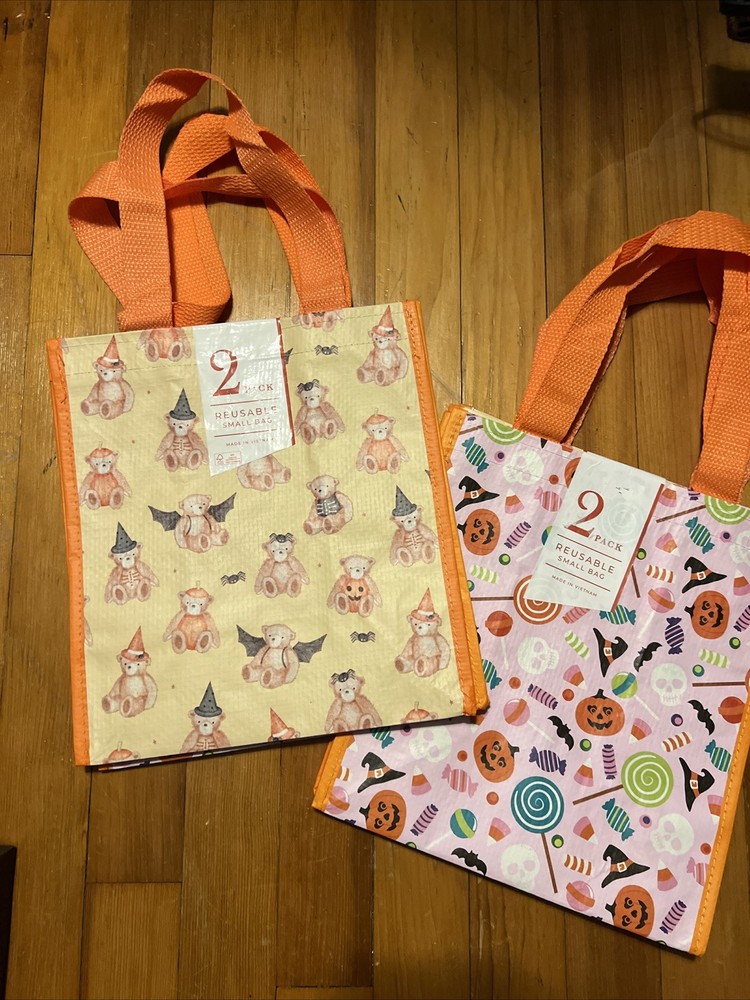 🧸TWO (2) PACK Halloween reusable shopping bag PUMPKINS 🎃 TEDDY 🧸 BEARS fun