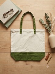 Beige/Green Colorblock Canvas Reusable Tote Shopping Bag Medium 20x16x8