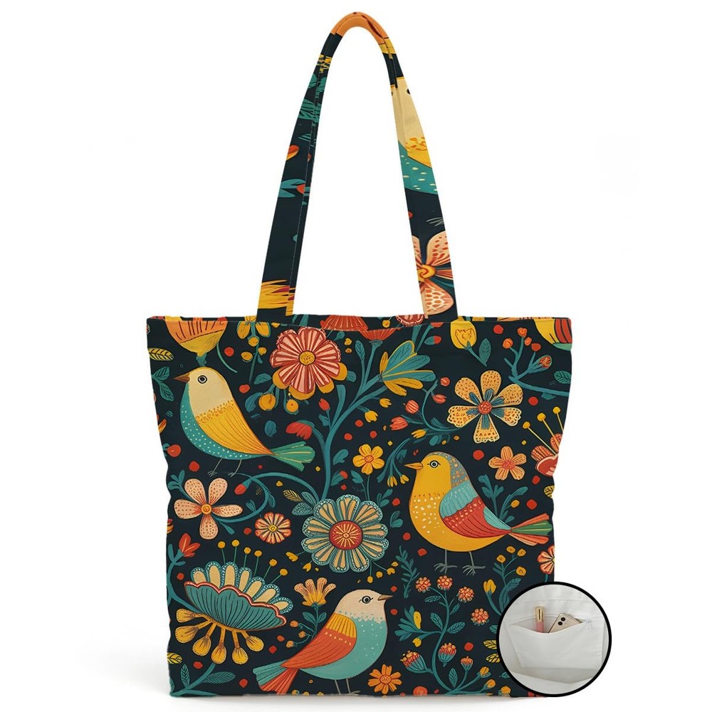 Aesthetic Bird Flower Canvas Tote for Women – Reusable, Gift, Daily Shoulder Bag