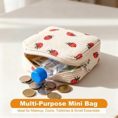 YKEBVPW Mini Makeup Pouch Small Strawberry Corduroy Quilted Cosmetic Beige