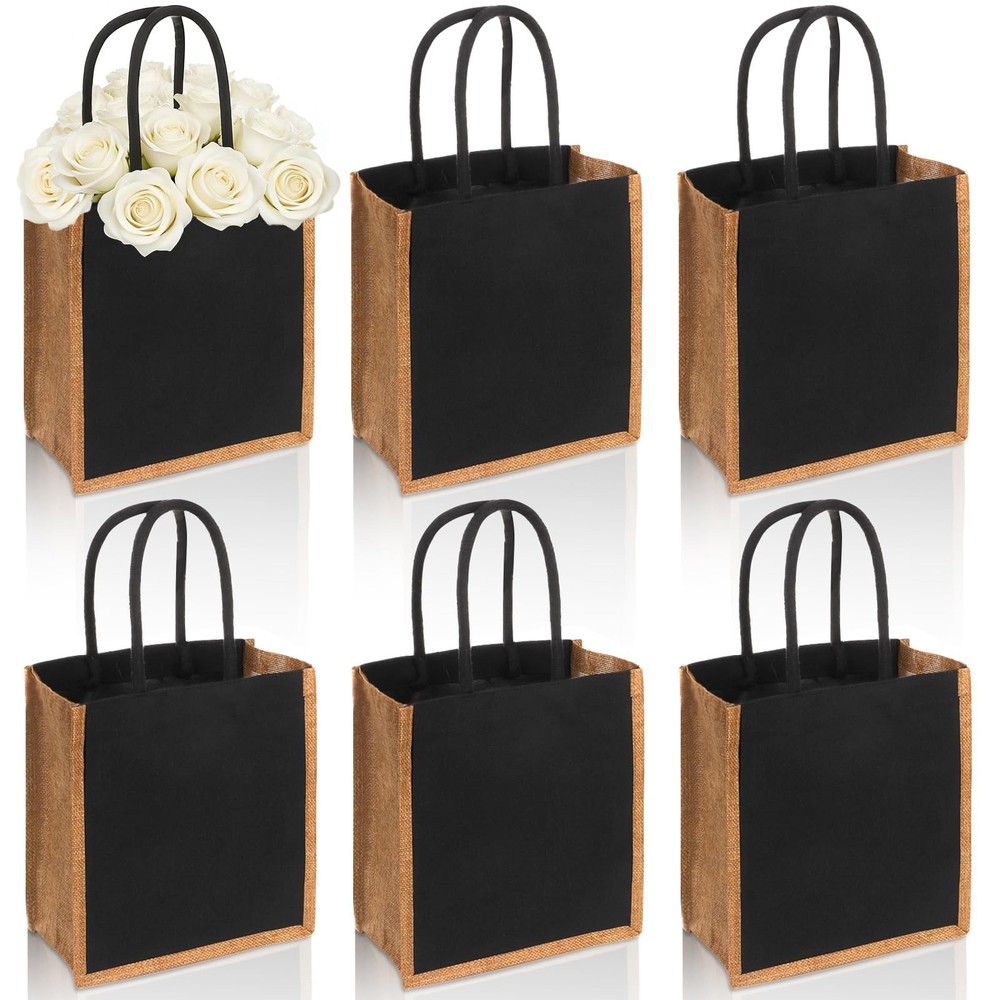 6 Pack Burlap Tote Bags, Reusable Gift Tote with Handles, Black Jute Beach Ba…