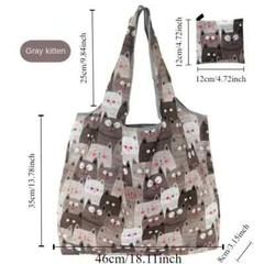 Grey Kitty Print Reusable Shopping Bag, Large Capacity