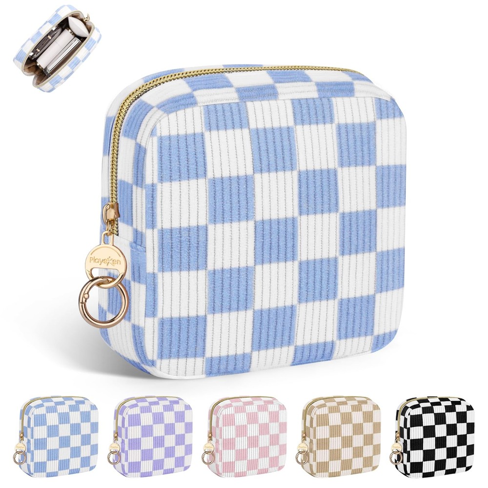 Playexen Corduroy Small Makeup Bag, Checkered Blue, Checkered-Blue