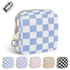 Playexen Corduroy Small Makeup Bag, Checkered Blue, Checkered-Blue