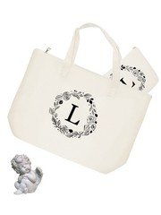 Personalized Initial Canvas Tote Bag with Zipper, Present Bag with Inner Pock…