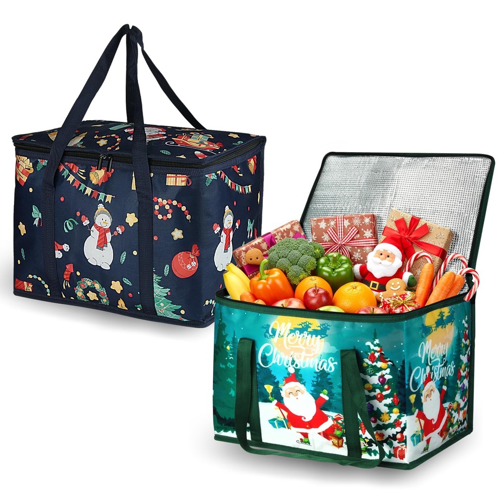 2 Pack Christmas Insulated Reusable Grocery Bags Collapsible Shopping Tote