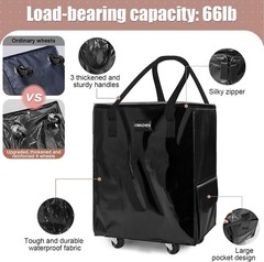 Wheeled Grocery Tote Medium Black Foldable 4 Wheels